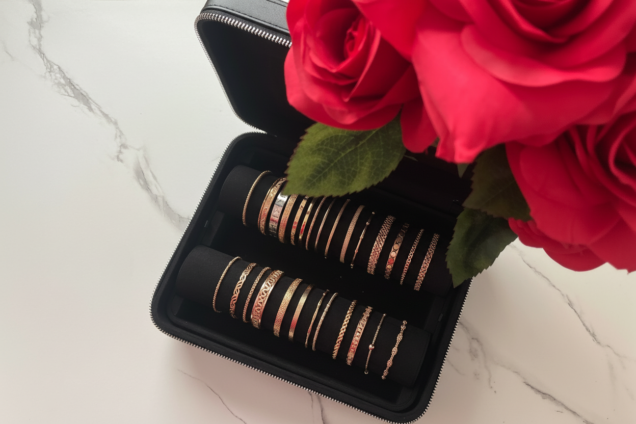 Set of bracelets in a black jewelry bracelet organizer with red roses on a marble surface