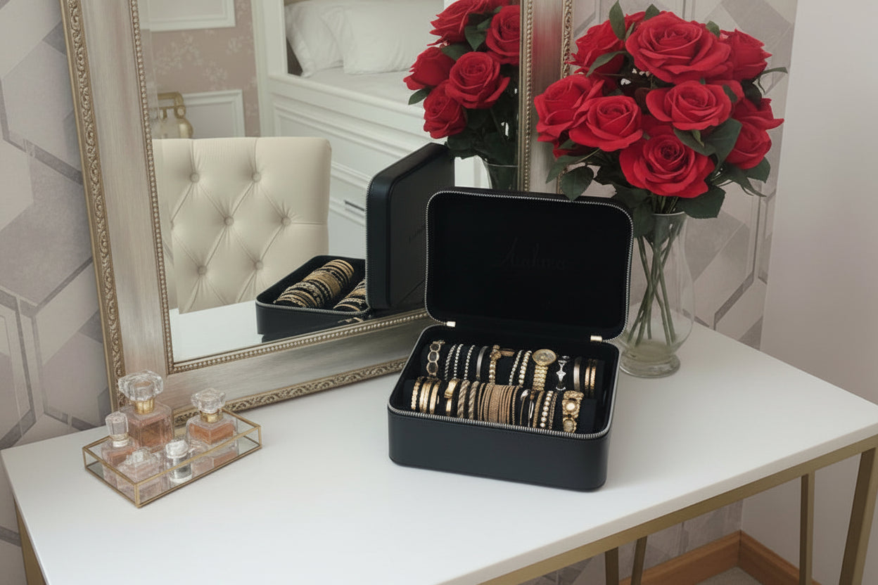 Black jewelry box with bracelets on a table next to red roses and a mirror on a white table