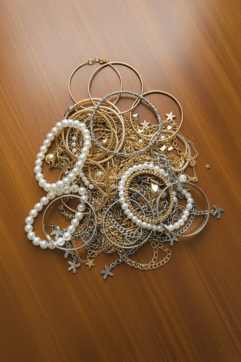 A pile of tangled bracelets on a brown wood-like table 