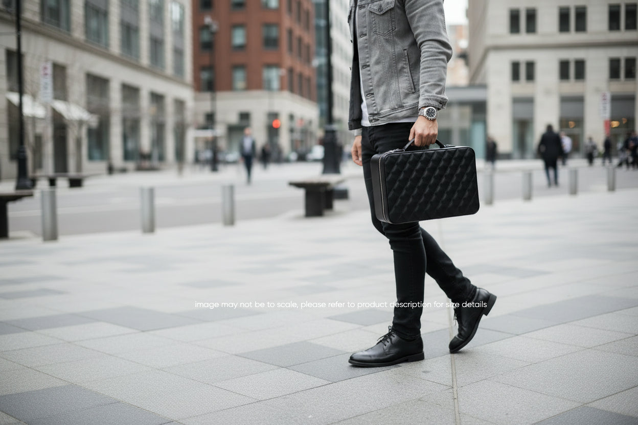 Person walking in an urban setting holding black jewelry box